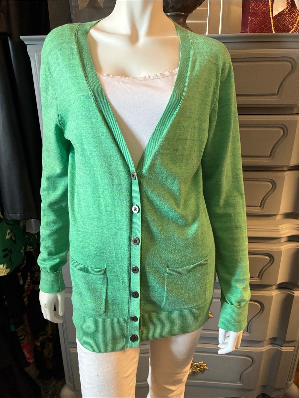 💚CAbi #697 Billi Cardigan Green/blue heathered knit w/button Front Small